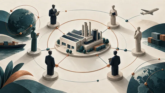 围绕目标工厂连接多个专业角色的 B2B 账号营销概念插画。